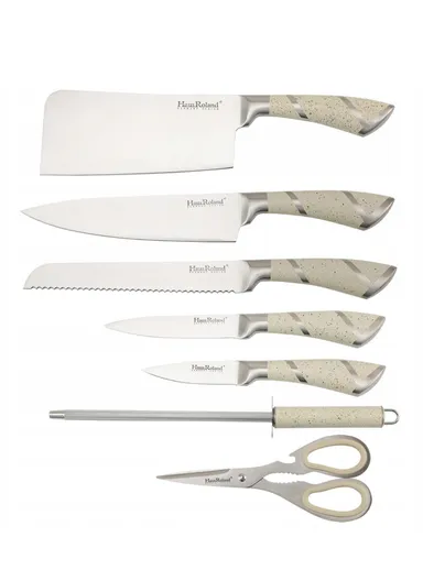 8-Pieces High-Carbon Stainless Steel Knife Set with Sharpening Rod &amp; Speckled Knife Block – White