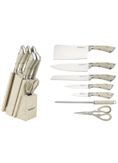 8-Pieces High-Carbon Stainless Steel Knife Set with Sharpening Rod &amp; Speckled Knife Block – White