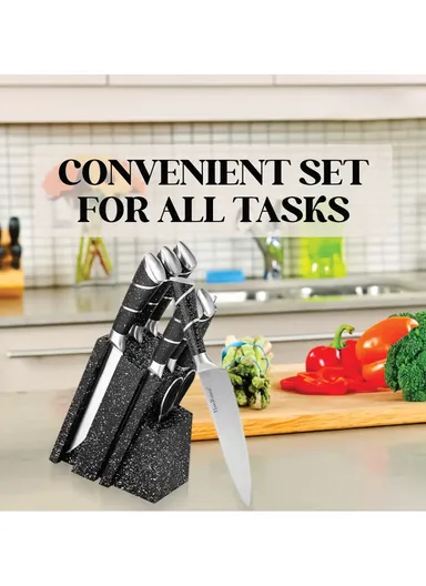 8-Pieces High-Carbon Stainless Steel Knife Set with Sharpening Rod &amp; Speckled Knife Block – White