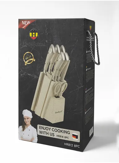 8-Pieces High-Carbon Stainless Steel Knife Set with Sharpening Rod &amp; Speckled Knife Block – White