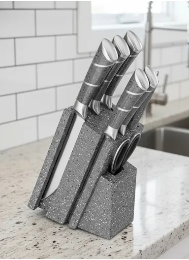 8-Pieces High-Carbon Stainless Steel Knife Set with Sharpening Rod &amp; Speckled Knife Block – Grey