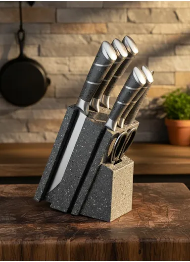 8-Pieces High-Carbon Stainless Steel Knife Set with Sharpening Rod &amp; Speckled Knife Block – Grey