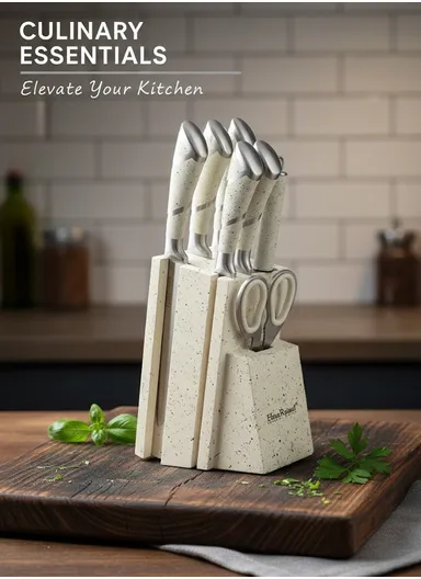 8-Pieces High-Carbon Stainless Steel Knife Set with Sharpening Rod &amp; Speckled Knife Block – Grey