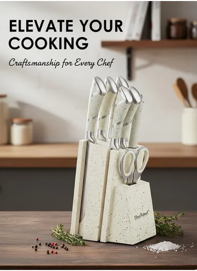 8-Pieces High-Carbon Stainless Steel Knife Set with Sharpening Rod &amp; Speckled Knife Block – Grey