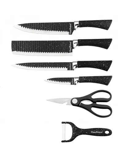 6-Pieces Stainless Steel Knife Set with Non-Stick Embossed Blades &amp; Ceramic Peeler HR009-2 - Black