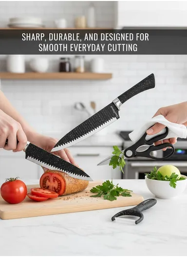 6-Pieces Stainless Steel Knife Set with Non-Stick Embossed Blades &amp; Ceramic Peeler HR009-2 - Black