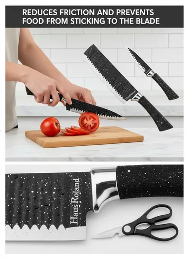 6-Pieces Stainless Steel Knife Set with Non-Stick Embossed Blades &amp; Ceramic Peeler HR009-2 - Black
