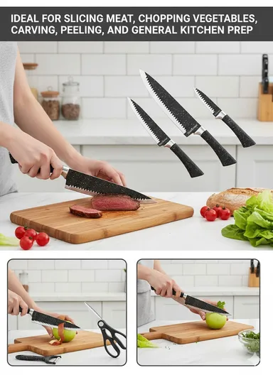 6-Pieces Stainless Steel Knife Set with Non-Stick Embossed Blades &amp; Ceramic Peeler HR009-2 - Black