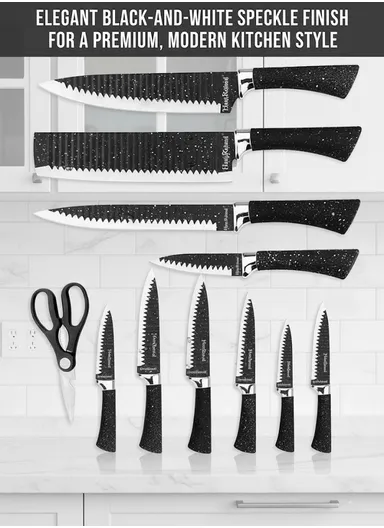 6-Pieces Stainless Steel Knife Set with Non-Stick Embossed Blades &amp; Ceramic Peeler HR009-2 - Black