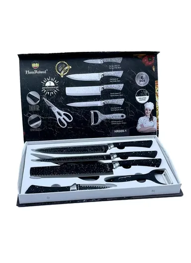 6-Pieces Stainless Steel Knife Set with Non-Stick Embossed Blades &amp; Ceramic Peeler HR009-2 - Black