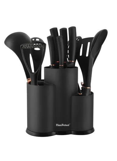12-Pieces Kitchen Utensil &amp; Knife Set with Multi-Section Holder (W23 × D12 × H22)cm - Black