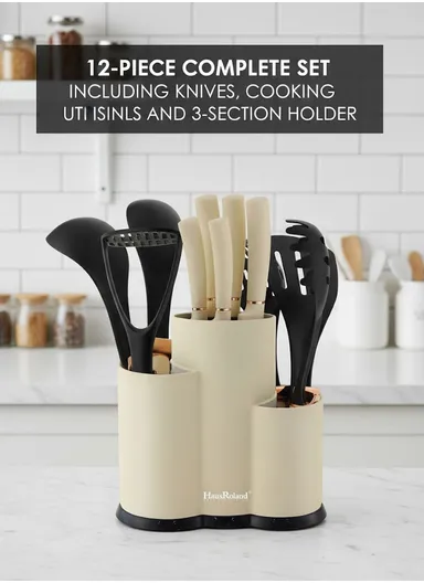 12-Pieces Kitchen Utensil &amp; Knife Set with Multi-Section Holder (W23 × D12 × H22)cm - Black
