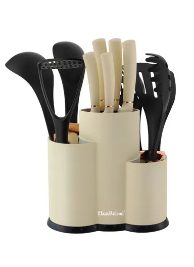 12-Piece Kitchen Utensil &amp; Knife Set with Multi-Section Holder (W23 × D12 × H22)cm - Cream