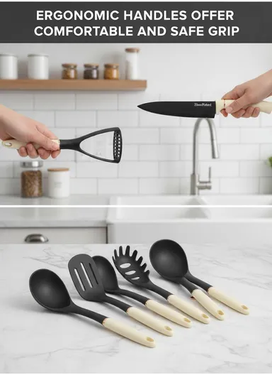 12-Piece Kitchen Utensil &amp; Knife Set with Multi-Section Holder (W23 × D12 × H22)cm - Cream