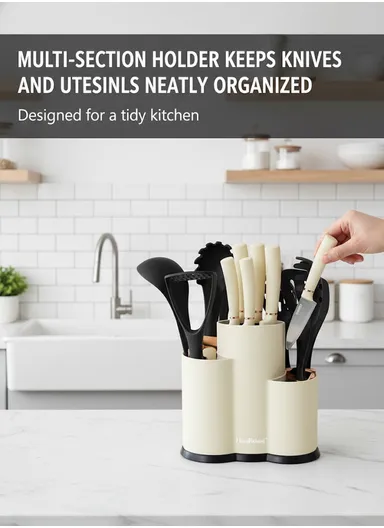12-Piece Kitchen Utensil &amp; Knife Set with Multi-Section Holder (W23 × D12 × H22)cm - Cream