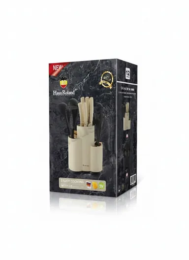 12-Piece Kitchen Utensil &amp; Knife Set with Multi-Section Holder (W23 × D12 × H22)cm - Cream