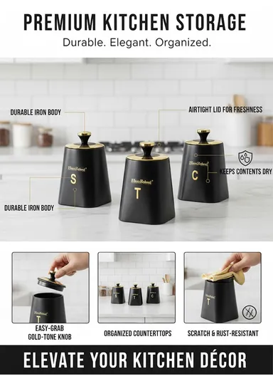 3-Pieces Iron Storage Canister Set with Powder Coating HR423-1 – Black