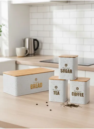 Bread Box With 3-Pieces Tea, Sugar &amp; Coffee Canister Set – White