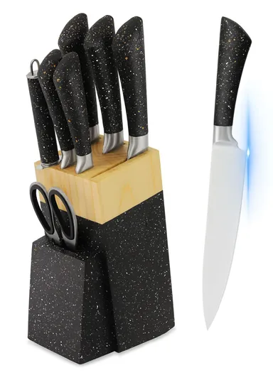 8-Pieces Knife Set with Sharpening Bar &amp; Modern Block Holder (W9.5 × D15 × H21)cm - Black