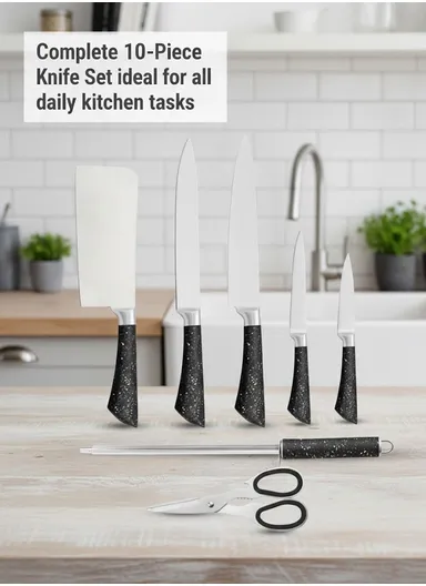 8-Pieces Knife Set with Sharpening Bar &amp; Modern Block Holder (W9.5 × D15 × H21)cm - Black