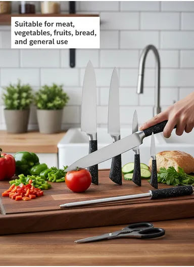 8-Pieces Knife Set with Sharpening Bar &amp; Modern Block Holder (W9.5 × D15 × H21)cm - Black