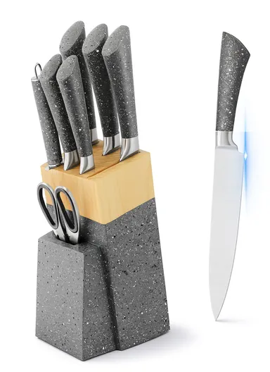 8-Pieces Knife Set with Sharpening Bar &amp; Modern Block Holder (W9.5 × D15 × H21)cm - Grey