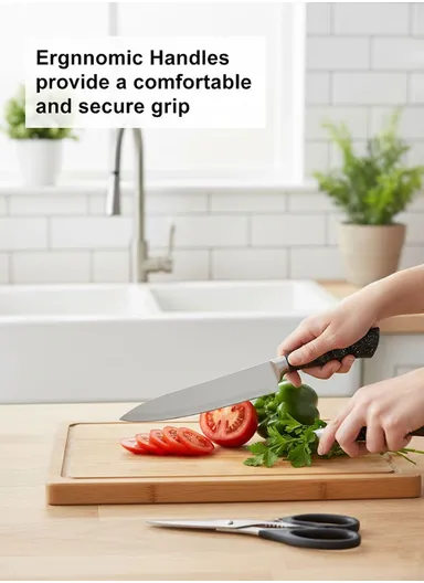 8-Pieces Knife Set with Sharpening Bar &amp; Modern Block Holder (W9.5 × D15 × H21)cm - Grey