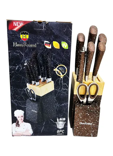 8-Pieces Knife Set with Sharpening Bar &amp; Modern Block Holder (W9.5 × D15 × H21)cm - Grey