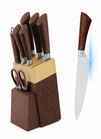 8-Pieces Knife Set with Sharpening Bar &amp; Modern Block Holder (W9.5 × D15 × H21)cm - Brown