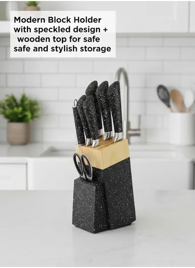 8-Pieces Knife Set with Sharpening Bar &amp; Modern Block Holder (W9.5 × D15 × H21)cm - Brown