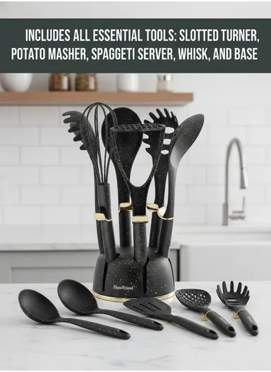 7-Pieces Kitchen Tools Set with Speckled Finish &amp; Holder (D16 × H7)cm - Black