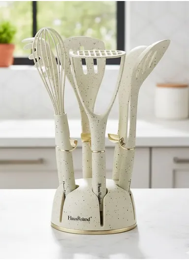 7-Pieces Kitchen Tools Set with Speckled Finish &amp; Holder (D16 × H7)cm - Cream
