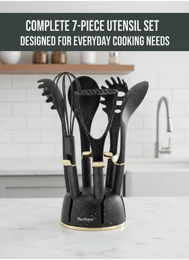 7-Pieces Kitchen Tools Set with Speckled Finish &amp; Holder (D16 × H7)cm - Cream