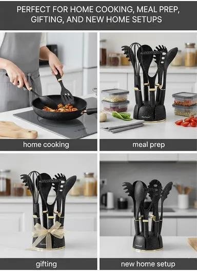 7-Pieces Kitchen Tools Set with Speckled Finish &amp; Holder (D16 × H7)cm - Cream