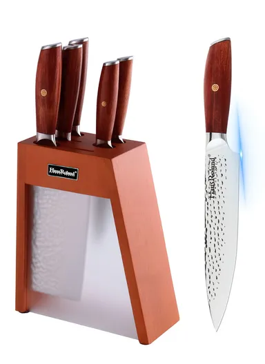 6-Pieces High Stainless Steel Knife Set with Wooden &amp; Acrylic Block – Brown