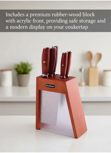 6-Pieces High Stainless Steel Knife Set with Wooden &amp; Acrylic Block – Brown