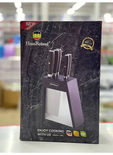 6-Pieces High Stainless Steel Knife Set with Wooden &amp; Acrylic Block – Brown