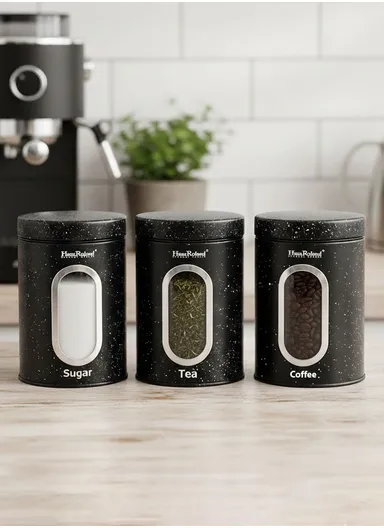 3-Pieces Speckled Storage Canister Set with Window (D11 × H16)cm - Black