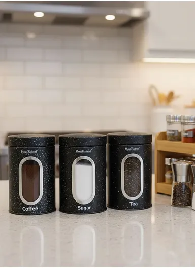 3-Pieces Speckled Storage Canister Set with Window (D11 × H16)cm - Black