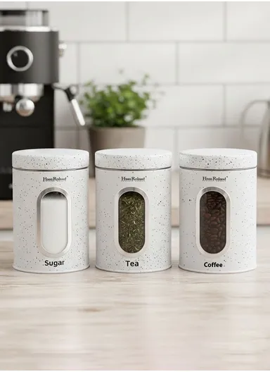 3-Pieces Speckled Storage Canister Set with Window (D11 × H16)cm - White