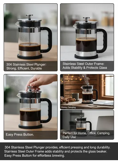 800ML Stainless Steel &amp; Glass Press Coffee Maker (D11 × H16)cm