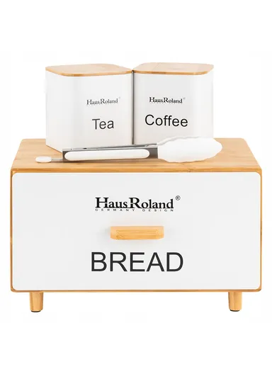Bamboo Drawer-Style Bread Box with 2 Storage Canisters - White