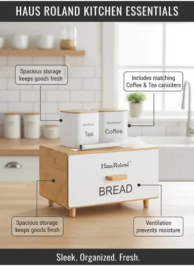 Bamboo Drawer-Style Bread Box with 2 Storage Canisters - White