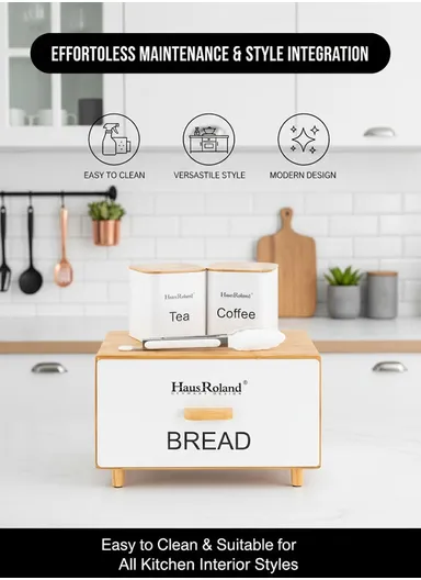Bamboo Drawer-Style Bread Box with 2 Storage Canisters - White