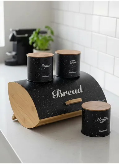 Bamboo Bread Storage Box with 3 Matching Iron Canisters - Black