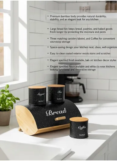 Bamboo Bread Storage Box with 3 Matching Iron Canisters - Black
