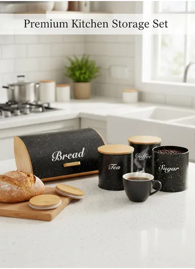 Bamboo Bread Storage Box with 3 Matching Iron Canisters - Black