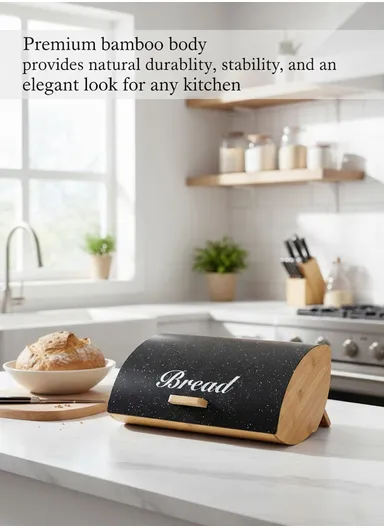 Bamboo Bread Storage Box with 3 Matching Iron Canisters - Black