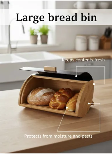 Bamboo Bread Storage Box with 3 Matching Iron Canisters - Black