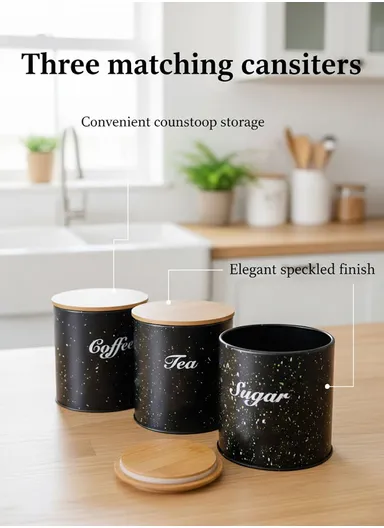 Bamboo Bread Storage Box with 3 Matching Iron Canisters - Black